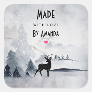 Made with Love  Winter Reindeer Rustic Watercolor Square Sticker