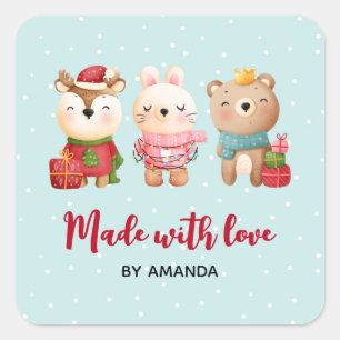 Made with Love Xmas Animals in Festive Outfits Square Sticker
