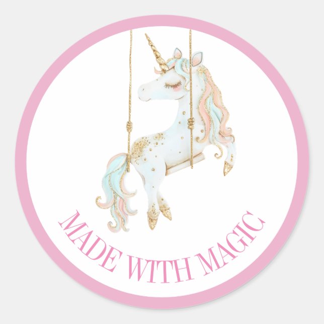 Made With Magic Pink & Gold Unicorn  Classic Round Sticker (Front)