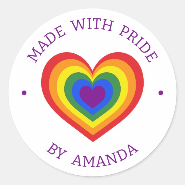 Made With Pride LGBTQ Rainbow Heart Custom Name Classic Round Sticker (Front)