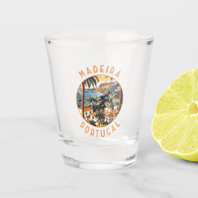 Madeira Portugal Retro Distressed Circle Shot Glass (Front)