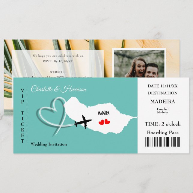 Madeira Wedding Destination Ticket Boarding Pass Invitation (Front/Back)