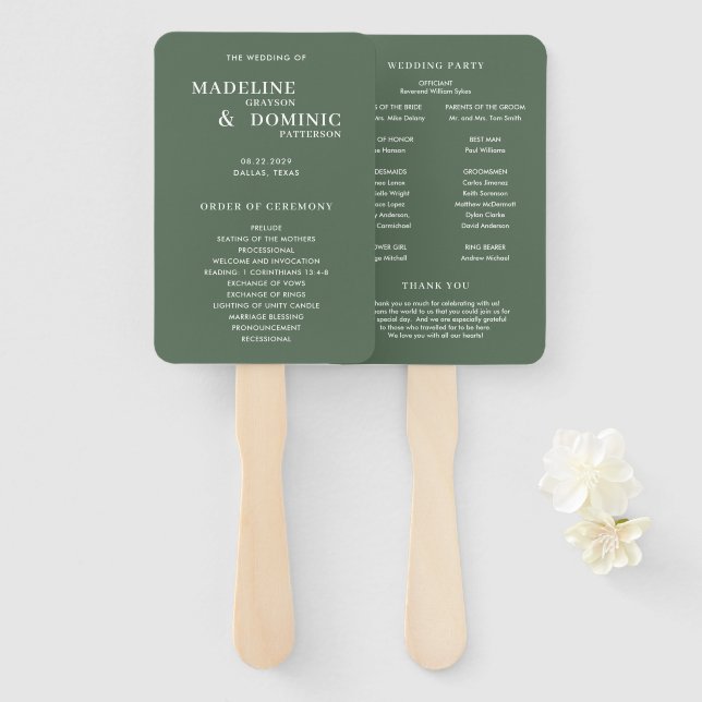 Madeline Forest Green Modern Wedding Program Hand Fan (Front and Back)
