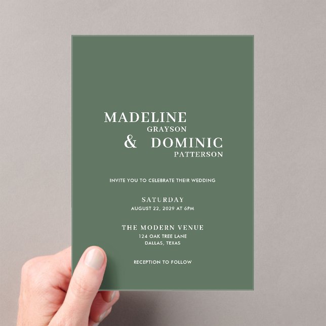 Madeline Forest Green Simple Modern Wedding Acrylic Invitations (Insitu (Handheld))