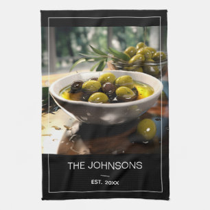 Madern Black White Photo & Family Name Monogram Tea Towel