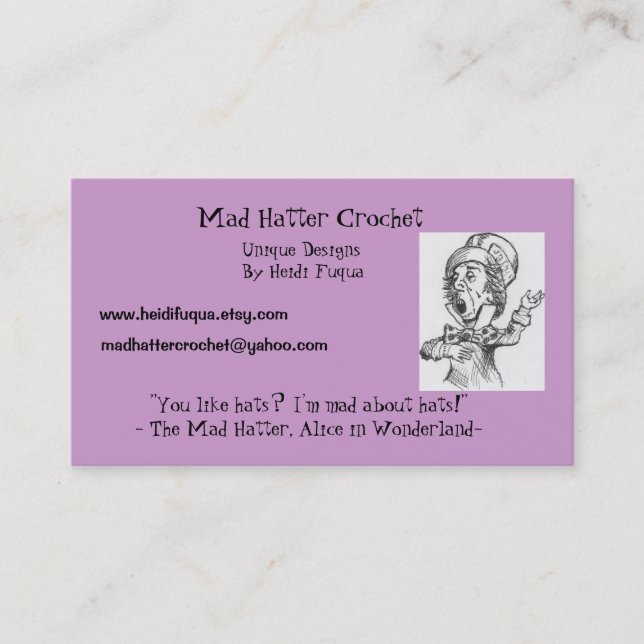 madhatter, Mad Hatter Crochet, Unique Designs B... Business Card (Front)