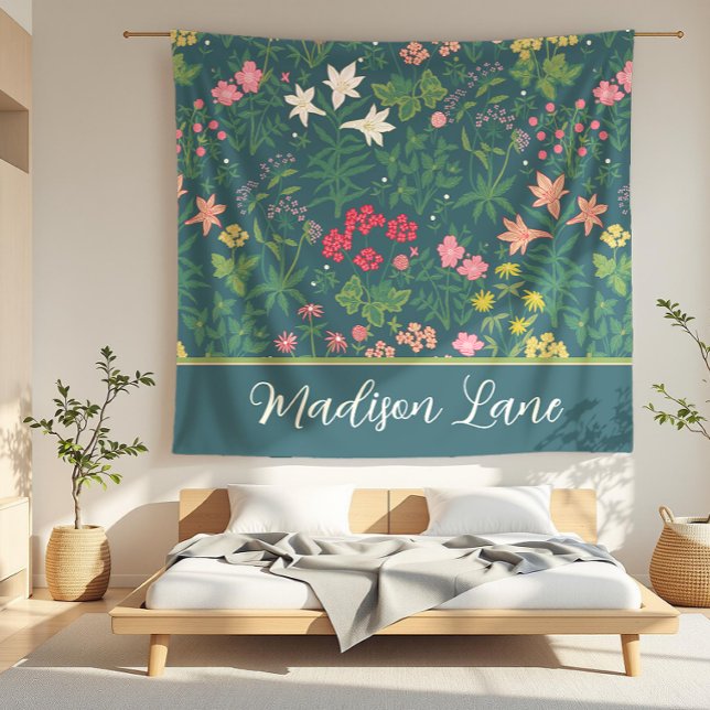 Madison Laine Dark Blue Art Nouveau Floral Field Fleece Blanket (detail)