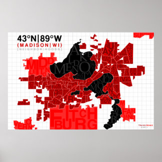 Madison Neighbourhood Typography Map - Red Poster
