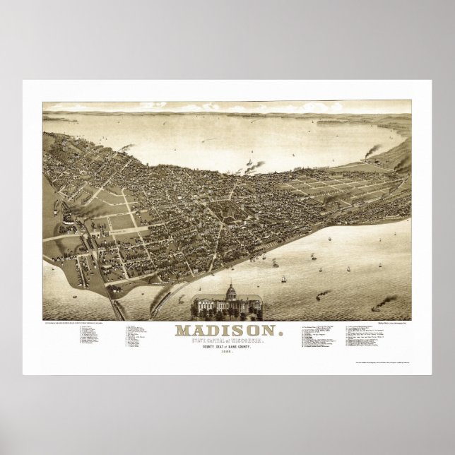 Madison, WI Panoramic Map - 1885b Poster (Front)