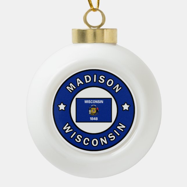 Madison Wisconsin Ceramic Ball Christmas Ornament (Front)