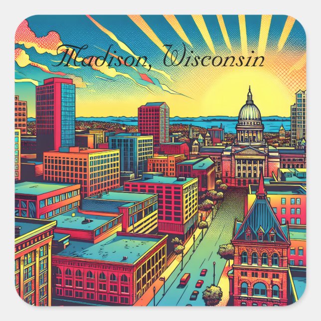 Madison, Wisconsin City Skyline at Sunset Square Sticker (Front)