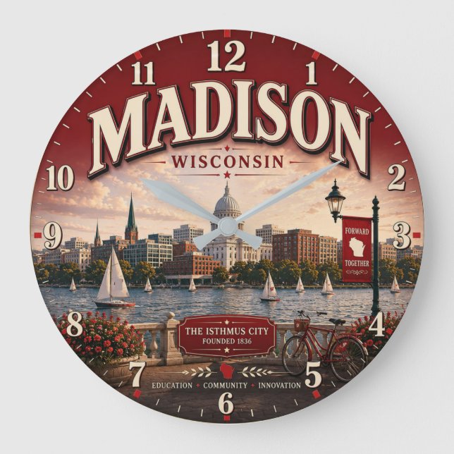 Madison Wisconsin college town gift Large Clock (Front)
