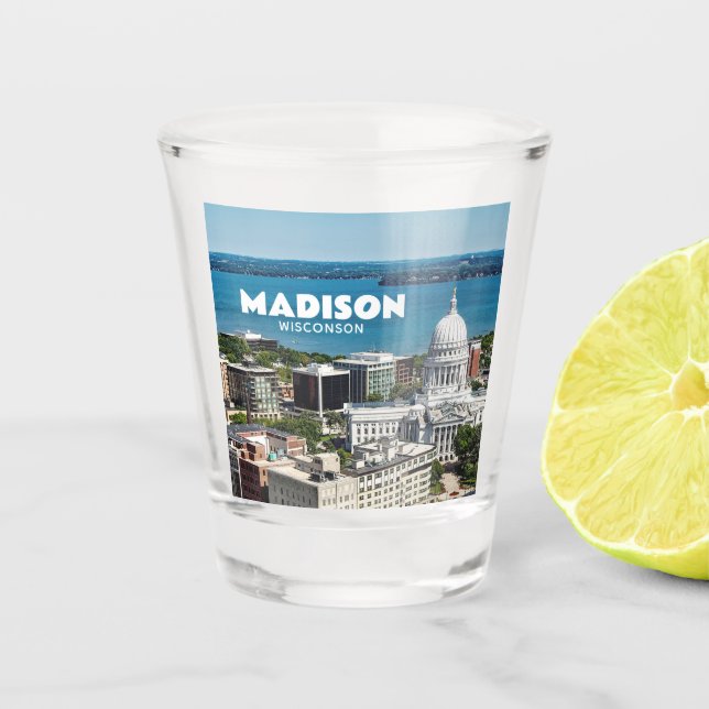Madison, Wisconsin downtown  capitol lake photo Shot Glass (Front)