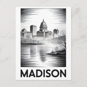 Madison Wisconsin Skyline Black White Woodcut Holiday Postcard