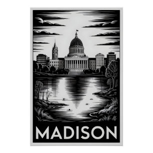 Madison Wisconsin Skyline Black White Woodcut Poster