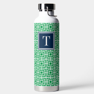 MadisonSage Square Lattice Monogram - Green & Navy Water Bottle