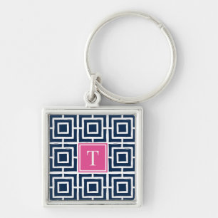 MadisonSage Square Lattice Monogram - Navy & Pink Key Ring