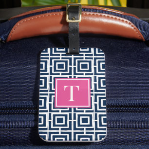 MadisonSage Square Lattice Monogram – Navy & Pink Luggage Tag