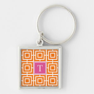 MadisonSage Square Lattice Monogram Orange & Pink Key Ring