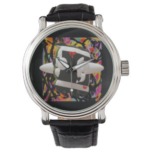 Madness art mosaic deep colours black framed watch
