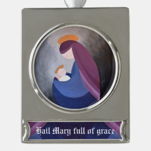 Madonn and Child Silver Plated Banner Ornament