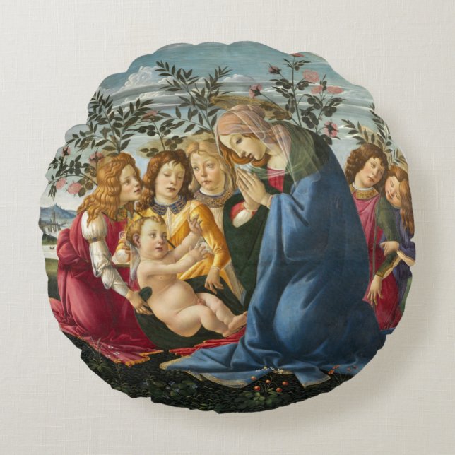 Madonna Adoring the Child with 5 Angels Botticelli Round Cushion (Front)