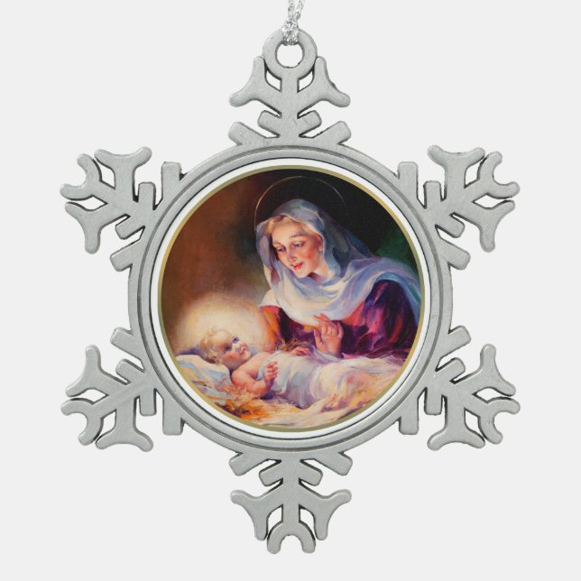 Madonna and Child. Christmas  Snowflake Pewter Christmas Ornament (Front)