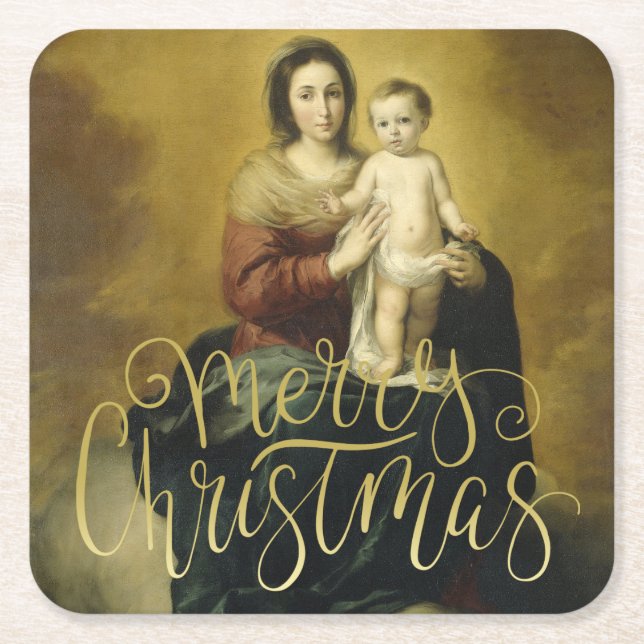 Madonna and Child, Fine Art Christmas Square Paper Coaster (Front)