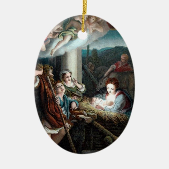 Madonna and Child in Manger Ceramic Tree Decoration (Front)
