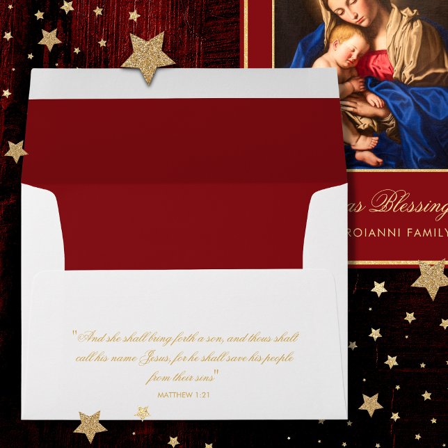 Madonna and Child Nativity Religious Christmas Envelope (Catholic Christmas envelope with Bible verse on back in a traditional gold calligraphy script)