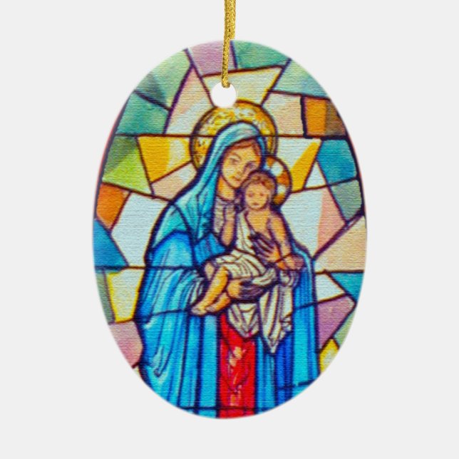 Madonna and Child Nativity Stained Glass Style Ceramic Tree Decoration (Front)
