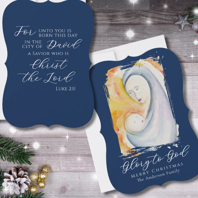 Madonna and Child Navy Blue Bible Scripture Holiday Card (Creator Uploaded)