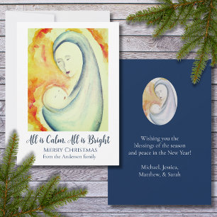 Madonna and Child Watercolor Elegant Blue Holiday Card