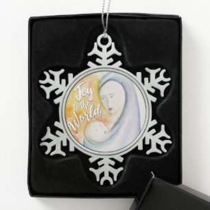 Madonna and Child Watercolor Joy to the World Snowflake Pewter Christmas Ornament