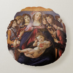 Madonna and Child with Angels by Sandro Botticelli Round Cushion