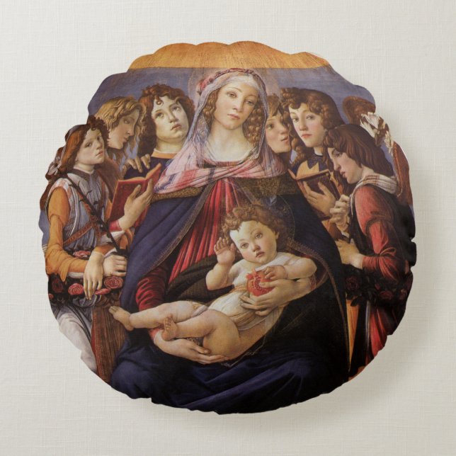 Madonna and Child with Angels by Sandro Botticelli Round Cushion (Front)