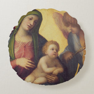 Madonna and Child with Angels c.1510-15 (oil on pa Round Cushion