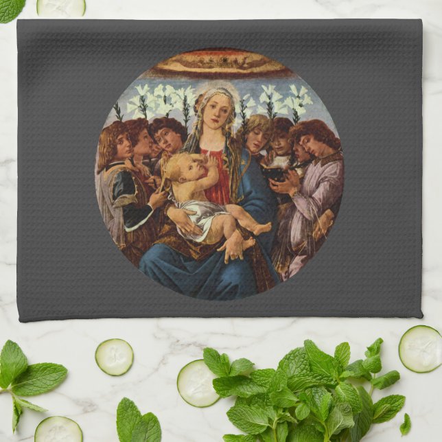 Madonna and Child with Eight Angels by Botticelli Tea Towel (Folded)