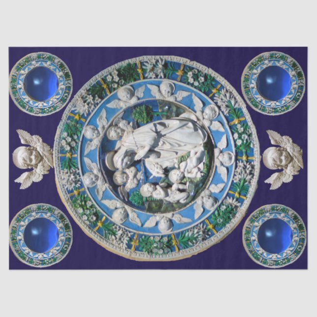 MADONNA,CHILD AND ANGELS NATIVITY FLORAL CROWN TISSUE PAPER (Front)