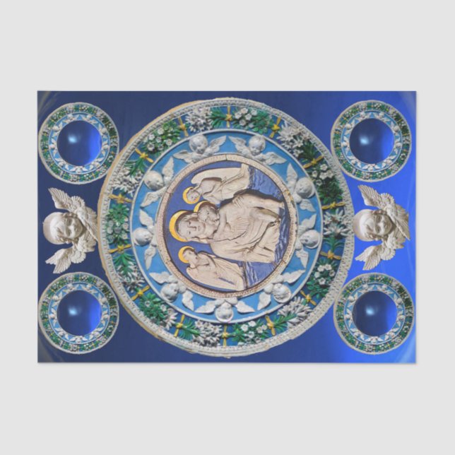 MADONNA,CHILD,ANGELS NATIVITY FLORAL CROWN Blue Tissue Paper (Front)