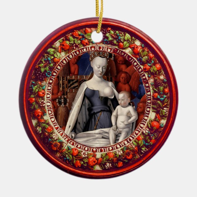 MADONNA, CHILD.ANGELS Red Floral Crown Christmas Ceramic Tree Decoration (Front)