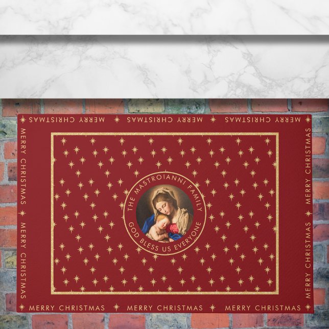 Madonna & Child Catholic Religious Christmas Gift Doormat (Religious Christmas doormat with Madonna and Child in red and gold for Catholics/Christians.)