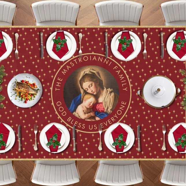 Madonna & Child Catholic Religious Christmas Gift Tablecloth (Religious Christmas tablecloth with Madonna and Child in red and gold)