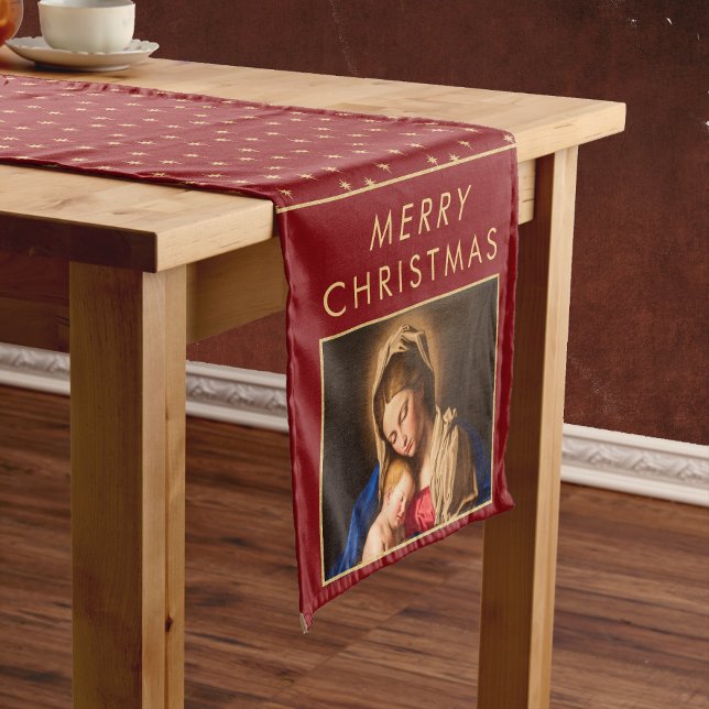 Madonna & Child Religious Christmas Decorations Short Table Runner (Religious Christmas table runner with Madonna and Child in red and gold)