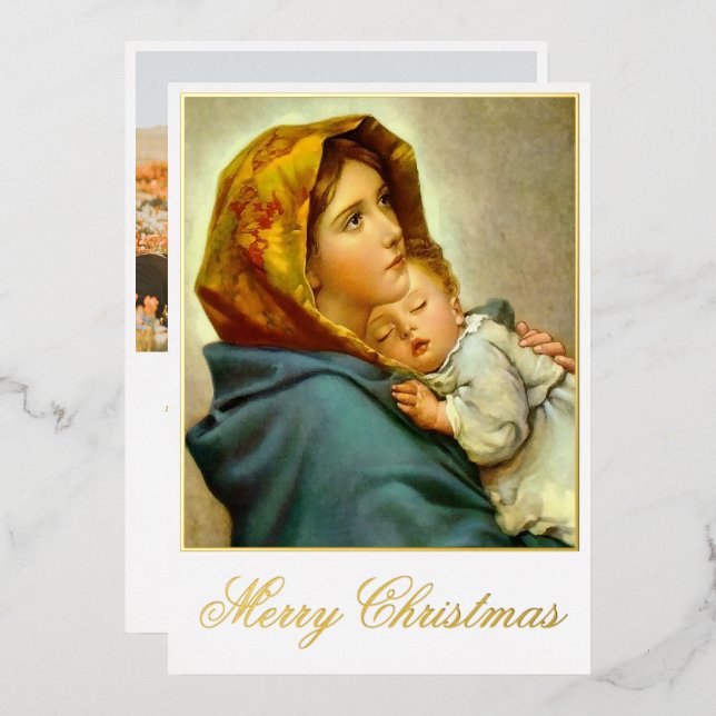 Madonna & Child Religious Christmas with Photo Foil Holiday Card (Front/Back)
