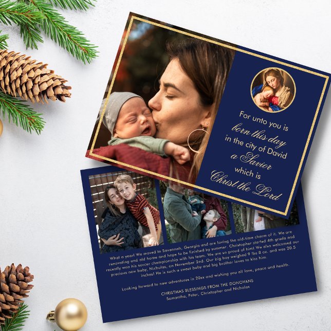 Madonna & Child Religious Christmas with Photo Foil Holiday Card (Real gold foil religious Christmas card with Madonna and Child and family photo on blue background.)