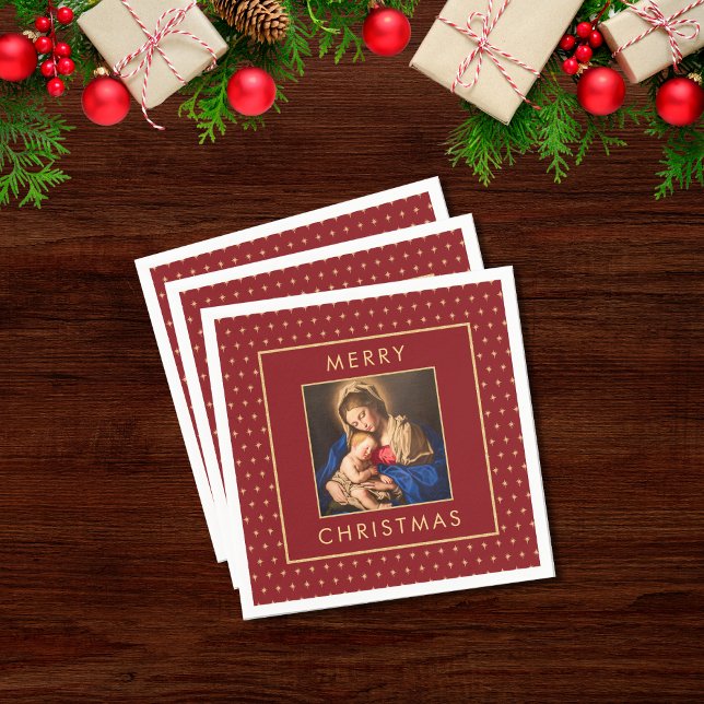 Madonna & Child Traditional Religious Christmas Napkin (Religious Christian Christmas cocktail napkins with Madonna and Child in red and gold for )