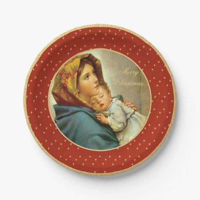 Madonna & Child Traditional Religious Christmas Paper Plate (Front)