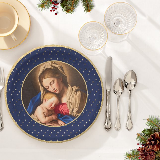Madonna & Child Traditional Religious Christmas Paper Plate (Religious Christmas plate mockup with Madonna and Child in blue and gold for Catholics & Christians.)