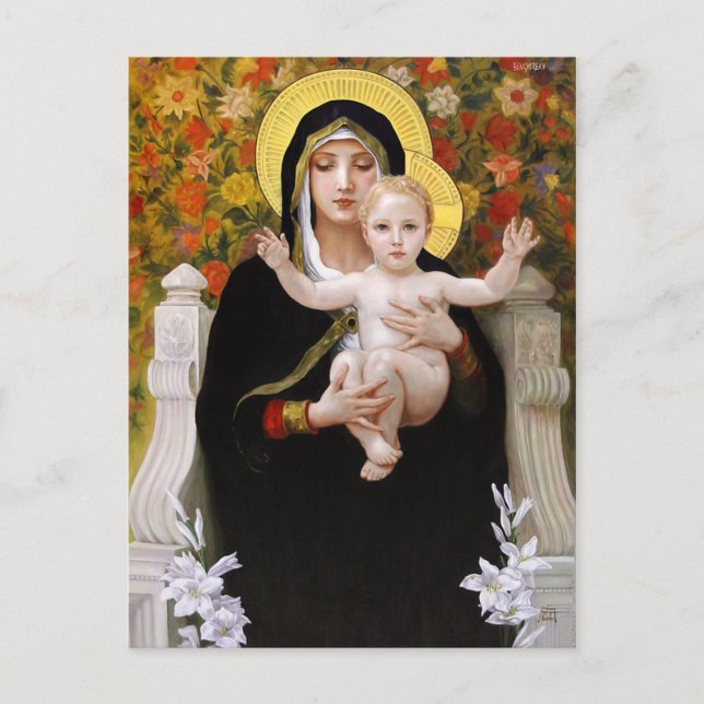 Madonna + child, white lillies christmas postcards (Front)